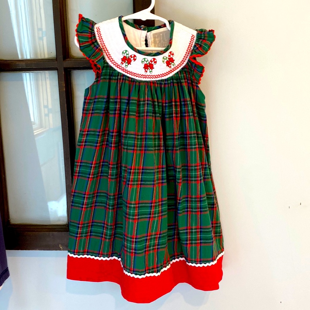 Lil Cactus | Green & Red Tartan Candy Cane Smocked Angel-Sleeve Dress - 4T